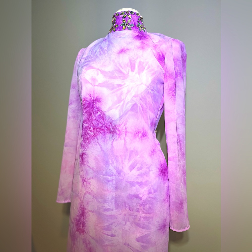 TIFFANYSLABEL PINK/LAVENDER/PURPLE SHEER TIE-DYE DRESS W/EMBELLISHMENT